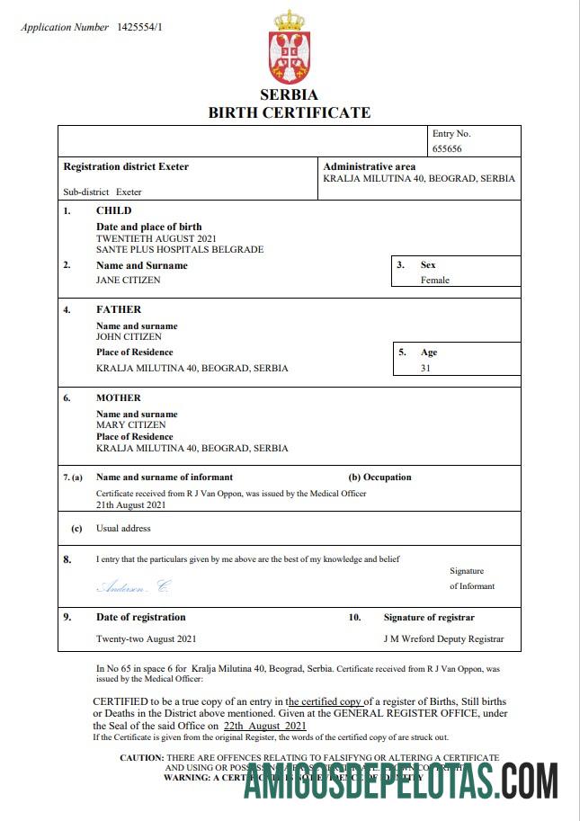 Imprimível modelo Word e PDF de certidão de nascimento da Sérvia